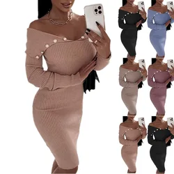 Vestido de punto de manga larga con cintura abotonada para mujer, otoño e invierno, 2022