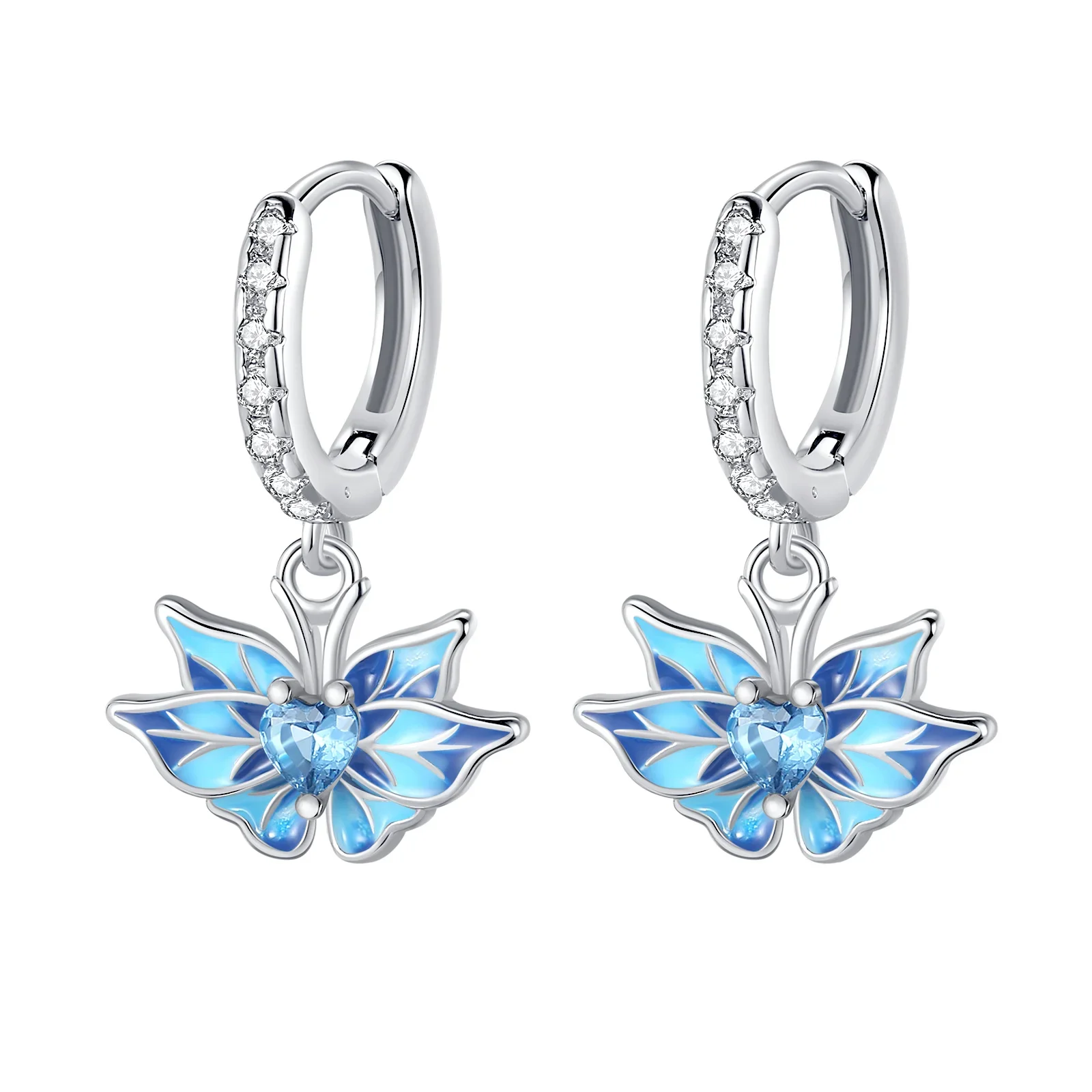 Silver Hoop Earrings Sterling Silver 925 Ombre Blue Butterfly Flower for Women Jewelry