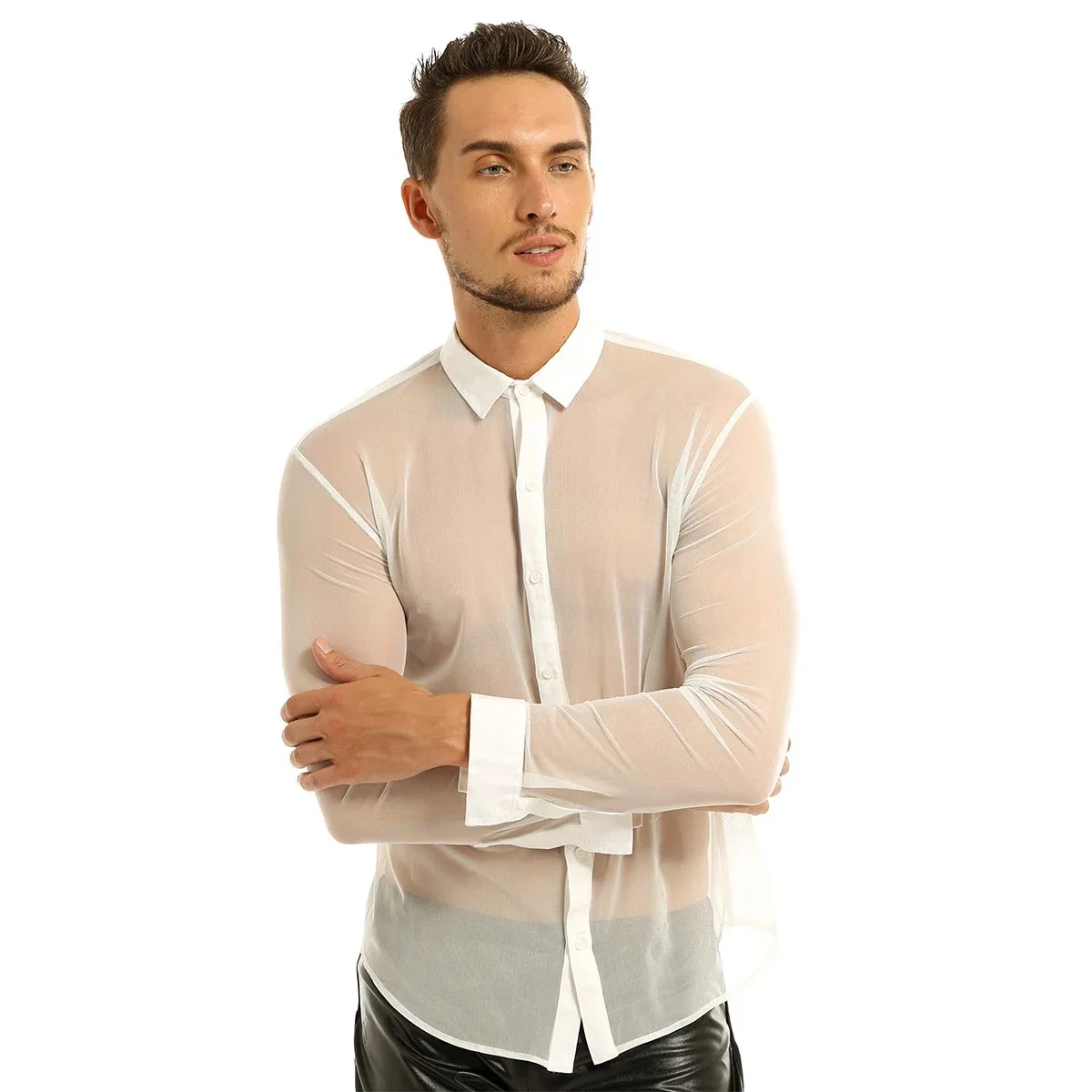 Chemise Transparente en Maille pour Homme, à Manches sulf, Col à Revers, Sexy, pour ix, Boîte de Nuit, à la Mode, Streetwear, 2022