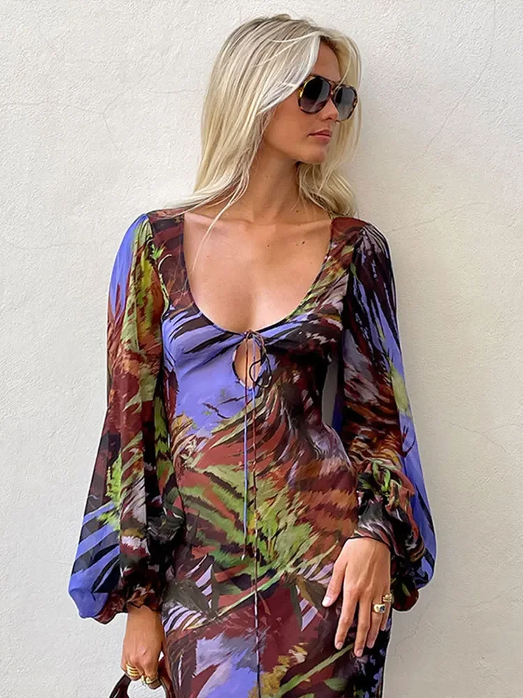 

2023 Summer New V-neck Long-sleeved Print Tie Retro Dress Dresses for Wedding Party Womens Guest Elegant Chic Evening Prom Women