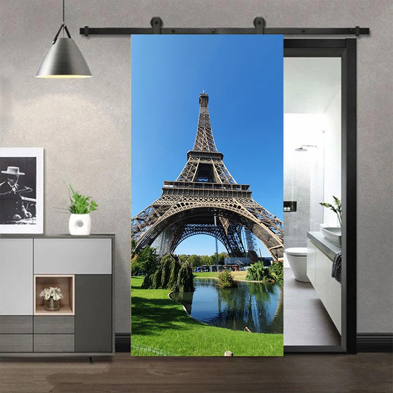 에펠 탑 프랑스 포르테 문짝 스티커 벽지, 건축 조경 PVC 자체 접착 침실 장식 벽화 포스터