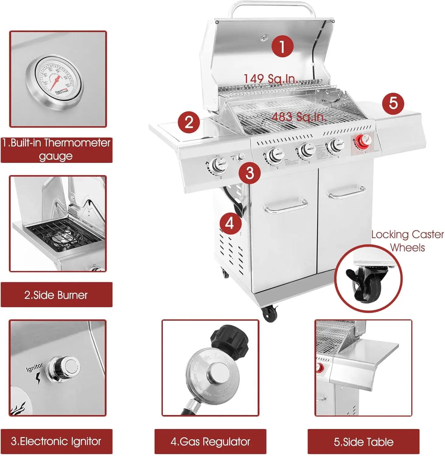 4402 4-Burner Propane Gas Grill with Side Burner, Stainless Steel Grill with 54,000  Cooking Power for 5