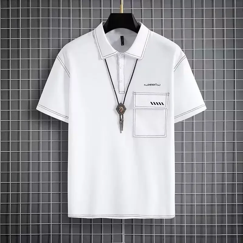 

T Shirt for Men Black Polo Shirts Embroidery Man with Collar Tee Alphabet Top Men's Clothing 2024 Elastic Stylish Quick-drying