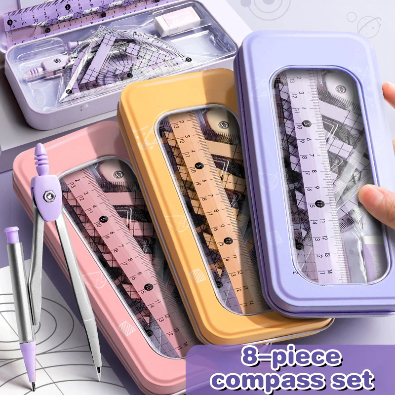 8-Piece Set Of Measuring Rules For Students Including Compass Measuring Angle Ruler Triangular Ruler Measuring And Drawing Compl