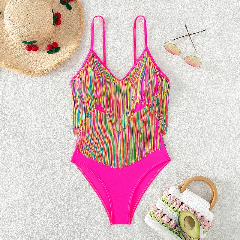 2024 New One Piece Swimwear Women's Solid Color Tassel Fashion Sling Swimming European and American Swimwear Swimsuit