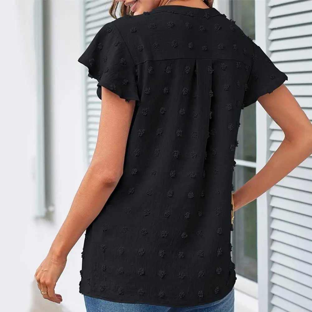 

Women Top Chic Women's V-neck Ruffle Tops Stylish Jacquard Short Sleeve Pullovers for Effortless Streetwear Fashion Loose Fit