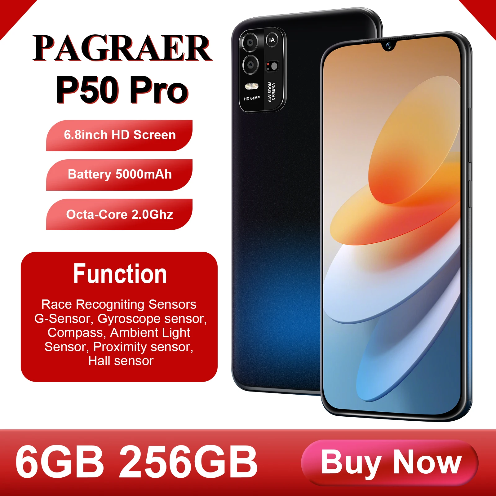 

Gobal Version PAGRAER P50 Pro Mobile Phones Android 12 Face Unlock Cortex A53 Processor Cellphones Wism Camera Smartphone