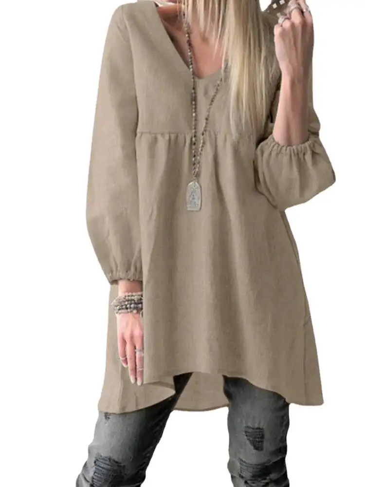 

Women's Solid V-neck Pleated Lantern Sleeve Top Casual Cotton Linen Shirt