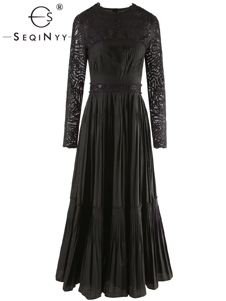 

SEQINYY Black Elegant Dress Spring Autumn New Fashion Design Women Runway High Street Lace Hollow Out Flower Pleated Party