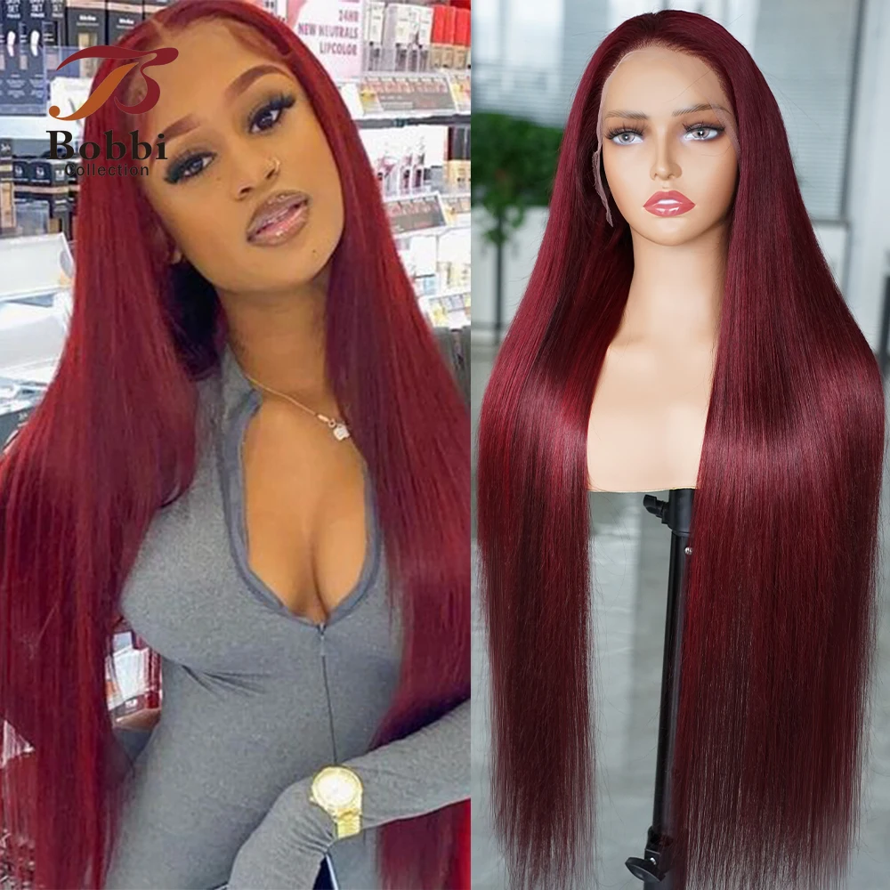 

Lace Front Wig #99J Dark Wine Burgundy Remy Human Hair Wigs Transparent Pre-Plucked Lace Long Straight Bobbi Collection