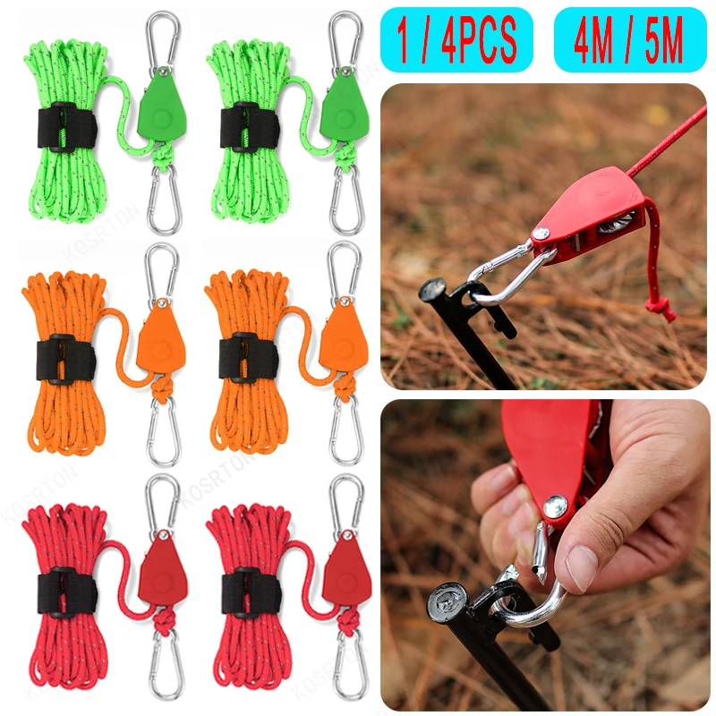 

4/5m Camping Rope Tent Adjustable Rope Fastener Fixed Buckle Pulley Tensioner Ratchet Hangers Lights Camping Awning Wind Rope