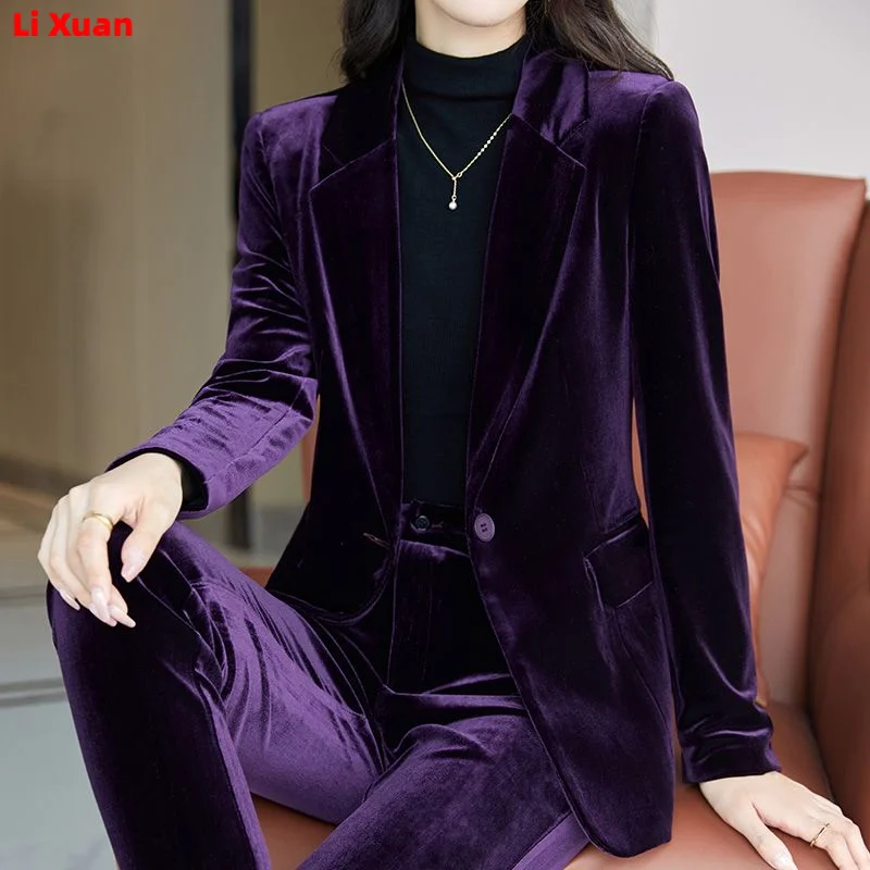 Korean High-Quality Velvet Autumn Winter Formal Ladies Blazer Business Suits with Sets Work Wear Office Uniform Pants Jacket