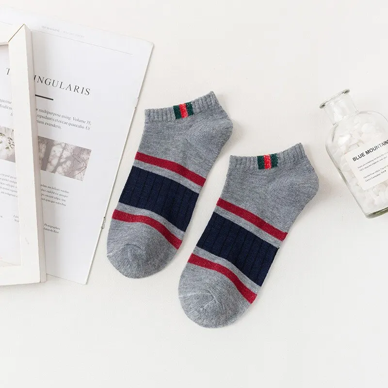 Boat socks 5 pairs mens casual simple sweat absorbing breathable vertical bar parallel bars movement tube