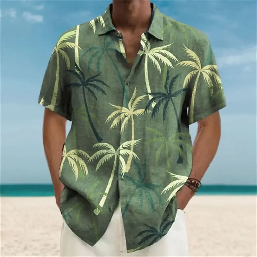 

Men's Coconut Tree Printed Polo, DAZN Shirt and Shirt, Beach Fashion Short Sleeved Top, Large Street Clothing, Hawaiian Shirt