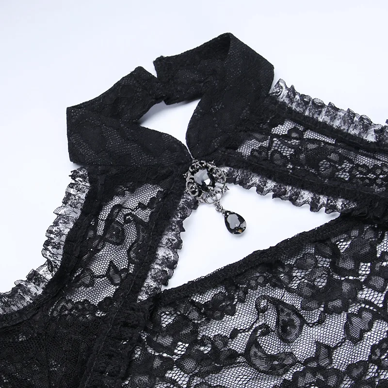 Black See Through Floral Lace Stand Collar Flare Sleeves Steampunk Victorian Jacket Women Cosplay Anime Vintage Coat Gothic Top