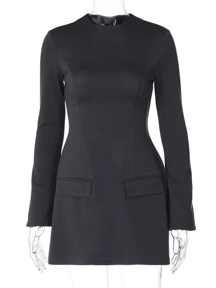 Elegant Long Sleeve Slim Mini Dress For Women A-Line High Waist Two Pockets Solid Autumn Winter New Party Dress Female