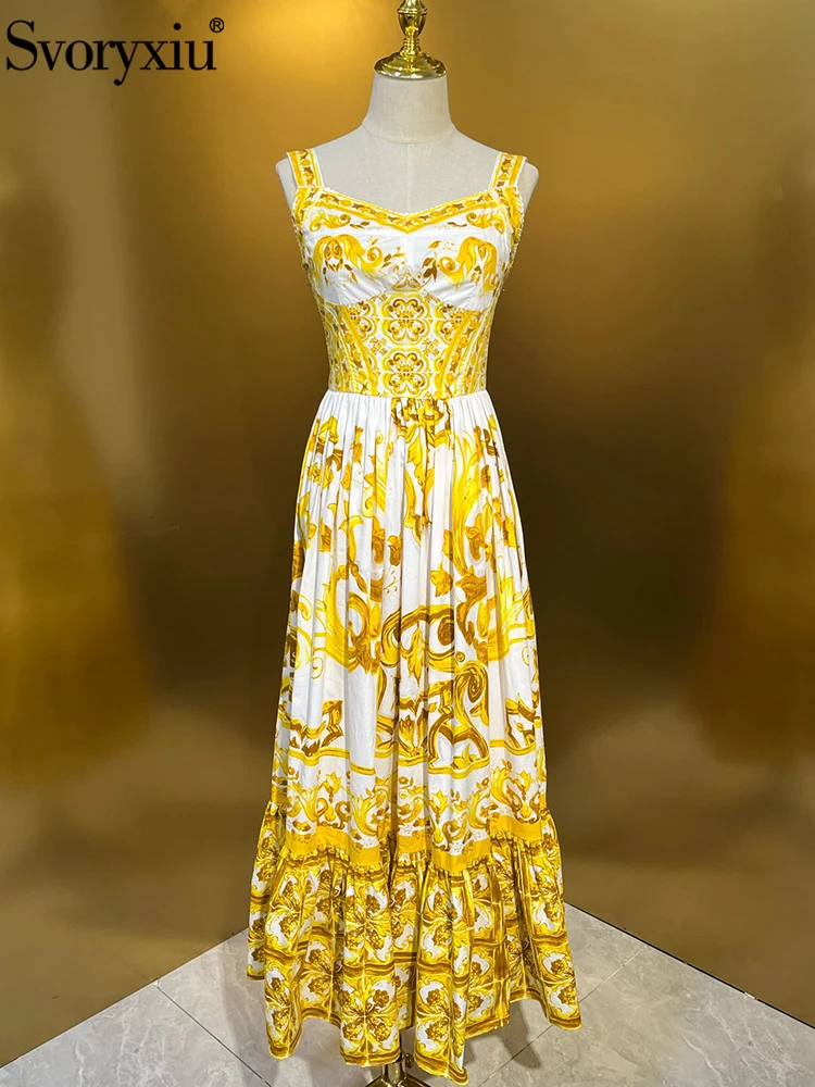 

Svoryxiu Runway Fashion Summer Party Print Long Dress Women's Spaghetti Strap Backless Elastic Waist Gorgeous Big Swing Dress