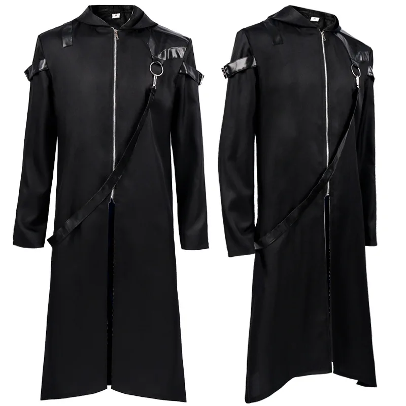 

Vintage Halloween Medieval Steampunk Assassin Elves Pirate Costume Adult Men Black Long Split Jacket Gothic Armor Leather Coats