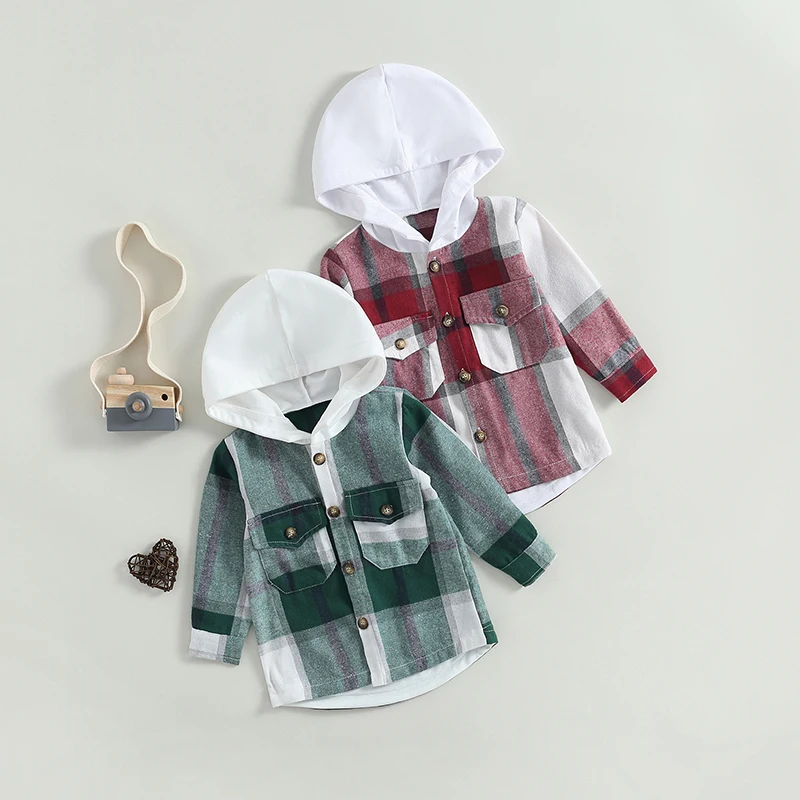 FOCUSNORM 4 Colors 1-6Y Autumn Kids Boys Causal Shirts Coat Plaid Printed Patchwork Long Sleeve Single Breasted Hooded Tops