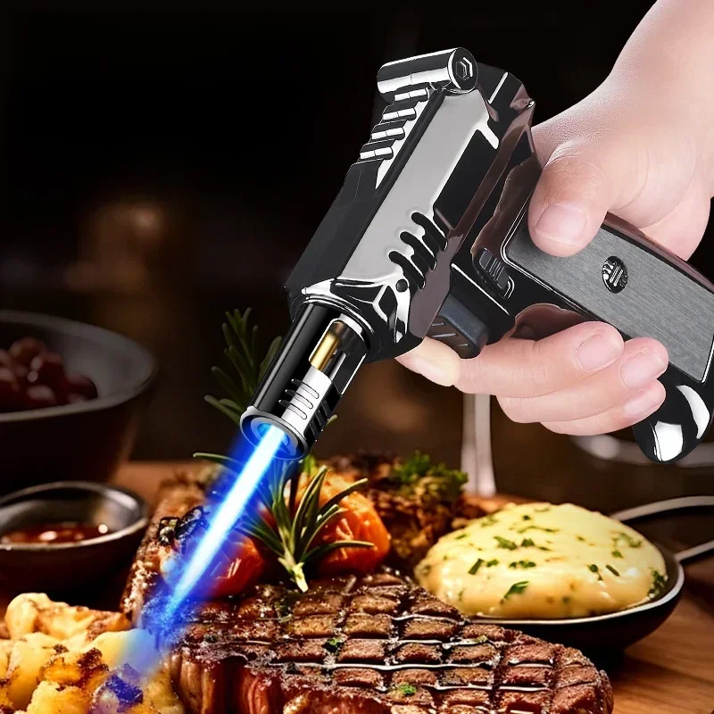 High Fire Spray Gun Windproof Jet Blue Flame Butane Gas Lighter Safety Lock Switch Outdoor Camping BBQ Kitchen Cigar