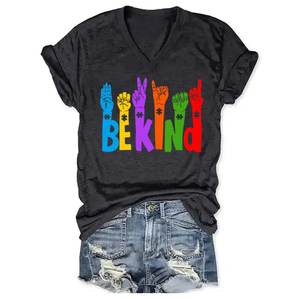 

Rheaclots Women's Be Kind Print V-Neck Short Sleeve T-Shirt
