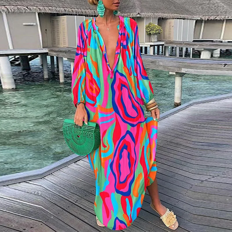 Fashion Maxi Dresses For Women V Neck Long Sleeve Party Dress Boho Vintage Print Long Dress Plus Size Loose Casual Vesitdos
