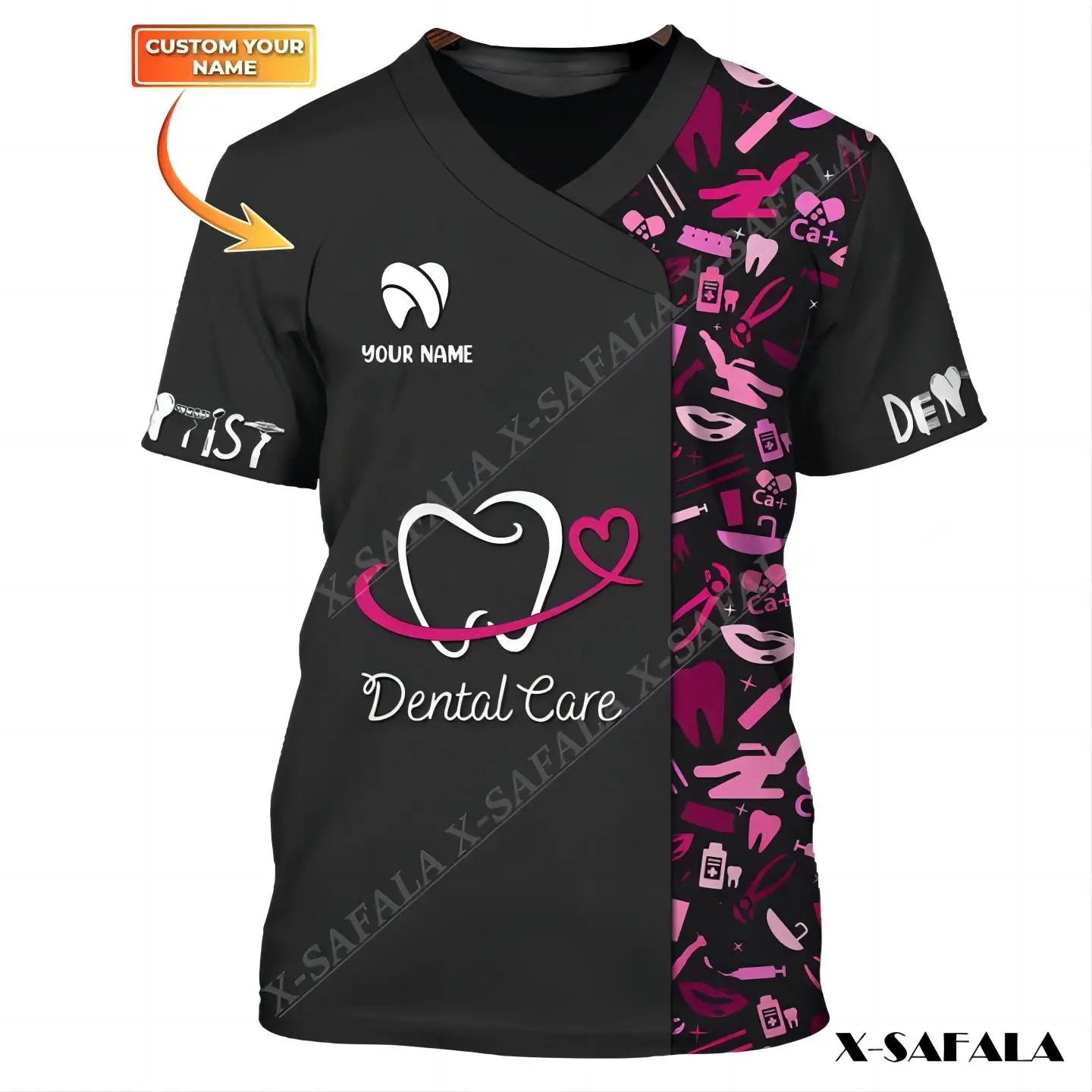 

Униформа для ухода за зубами и инструментами, черная, розовая футболка с 3D рисунком стоматолога на заказ из молочного волокна, футболка для мужчин и женщин, повседневный Топ, не Рабочая одежда
