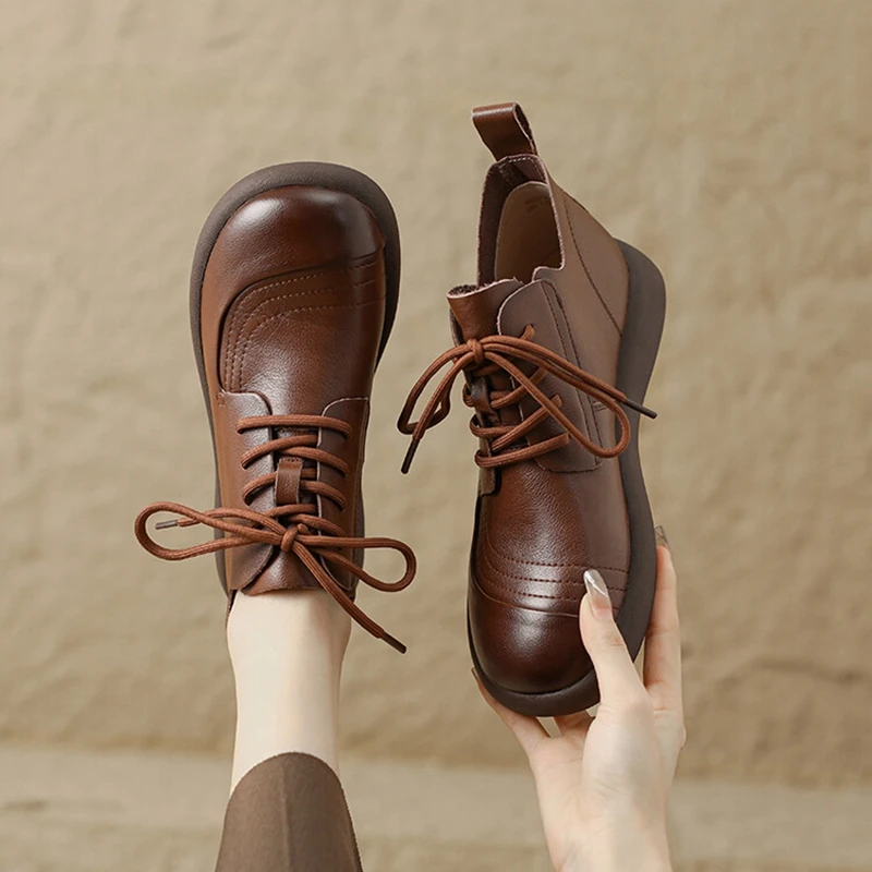 

NEW Autumn/Spring Women Loafers Split Leather Shoes for Women Round Toe Platform Shoes Lace-up Low Heel Women Pumps Oxford Shoes