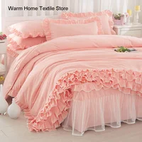Korean Princess Duvet Cover 4 Piece Set Solid Color Ruffles Lace Quilt Cover And Pillowcase For Girl Woman Romantic Bedspread 2