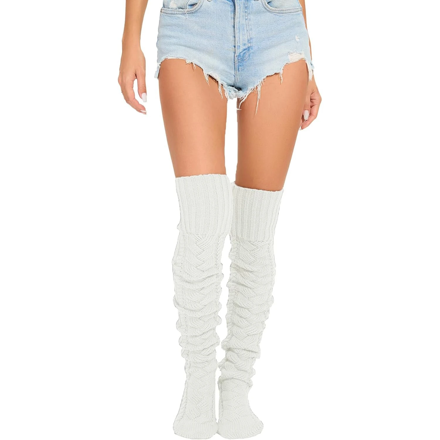 1 Paar Damen-Stiefelsocken mit Zopfmuster, gestrickt, oberschenkelhoch, extra lange Winterstrümpfe, Overknee-Beinstulpen – Detail 5