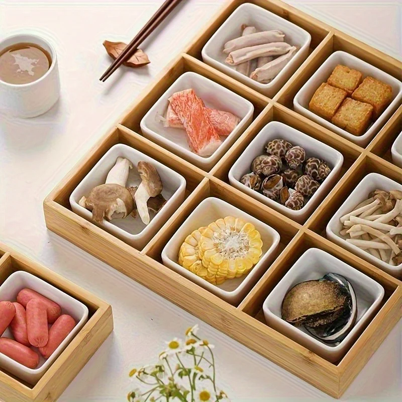 9-compartment Multifunctional Bamboo Partition Box, Snack Box, Fruit, Nut And Candy Hot Pot Box-Suitable For Kitchen, Co