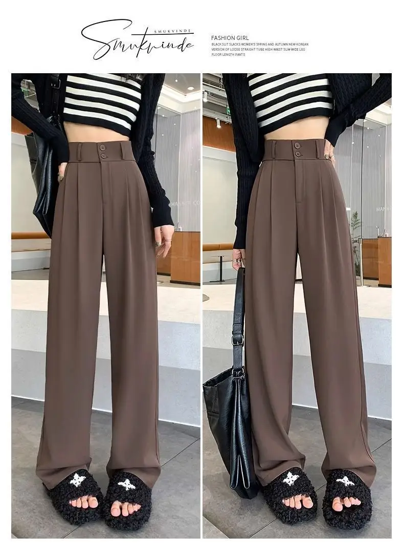 【WOOHWA】LOW RISE AUTUMN SLACKS JYHBHMZG Autumn Black Straight Loose Female Wide Leg Pants