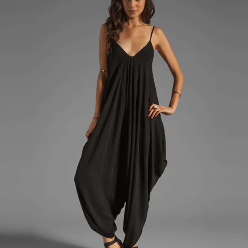 

Women Jumpsuit Sleeveless Summer Casual Loose Spaghetti Strap Deep V-Neck Long Rompers Sexy Female Solid Wide Leg Pants Overalls