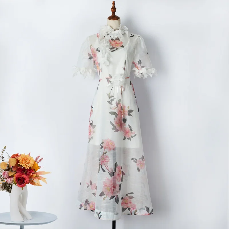 

Real Shot Spot Spring and Summer Three-Dimensional Flower Lace-up Heavy Work Dress Large Swing Lace-up Printed Midi Dress Sling