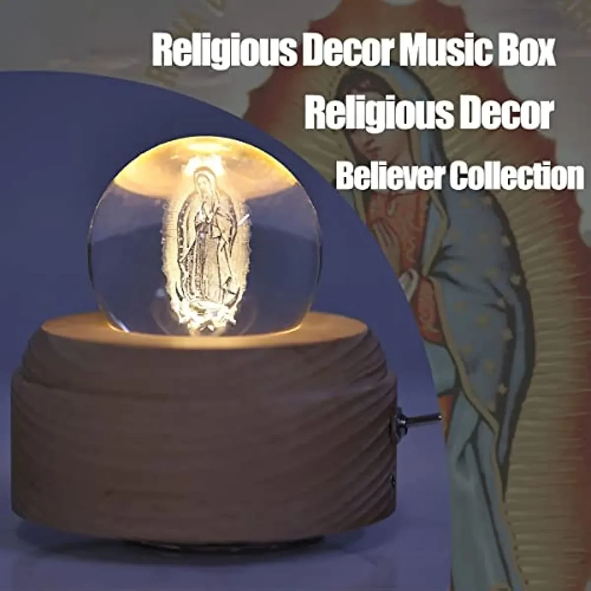 3D Rechargeable Guadalupe Crystal Ball Music Box with Led Projection Light and Rotating Wooden Base Creative Wooden Virgin Mary