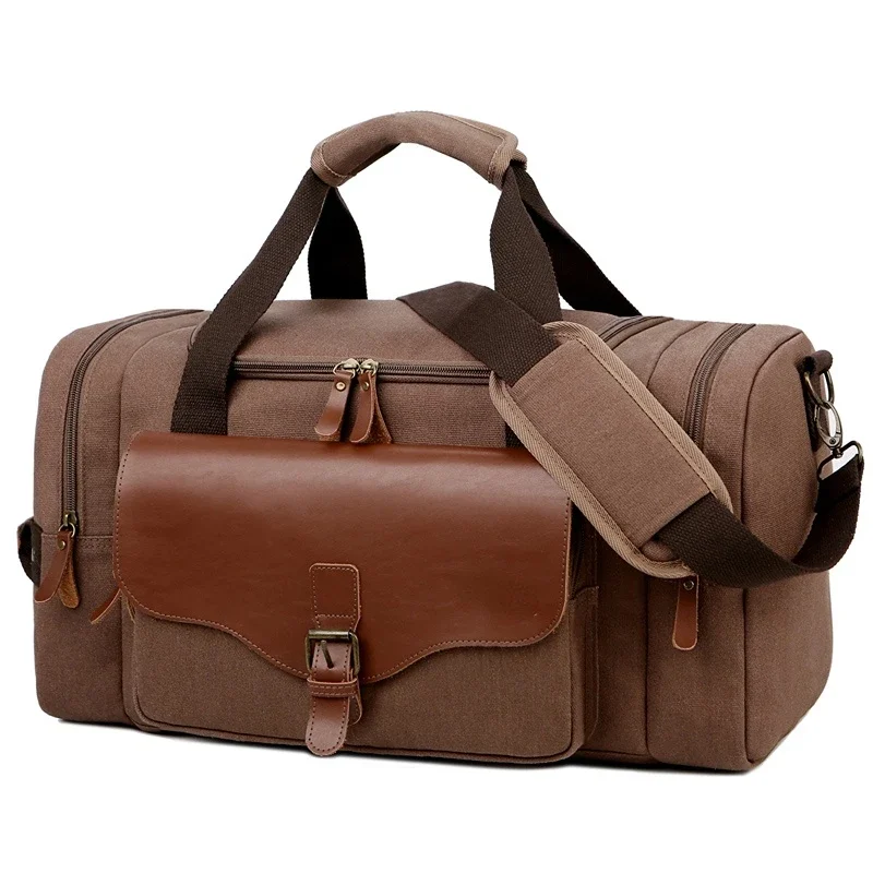Men Large Capacity Weekend Bag Canvas Multifunction Leather Bags Carry on Luggage Bag Tote Utility Travel