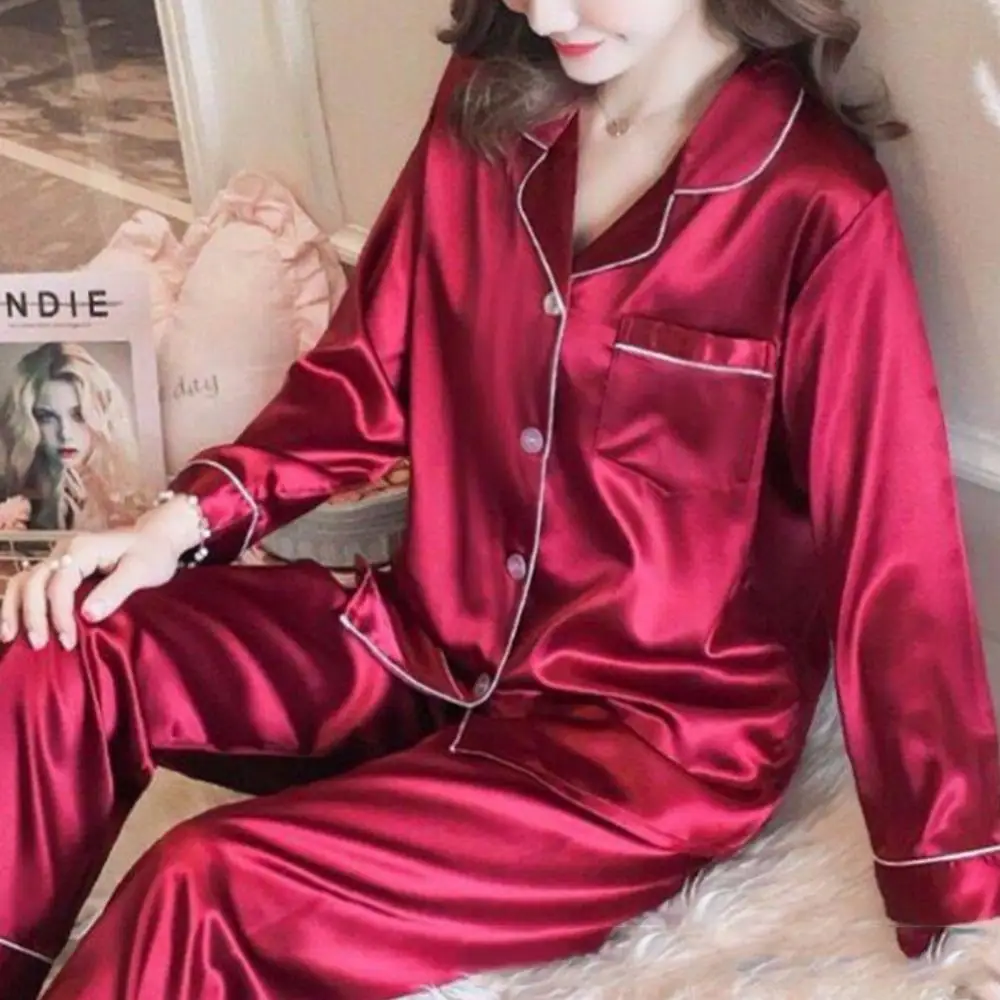 

2 Pieces Women Silk Satin Pajamas Pyjamas Set Sleepwear Pijama Winter Long Sleeve Tops Pants Set Loungewear pyjama pour femme