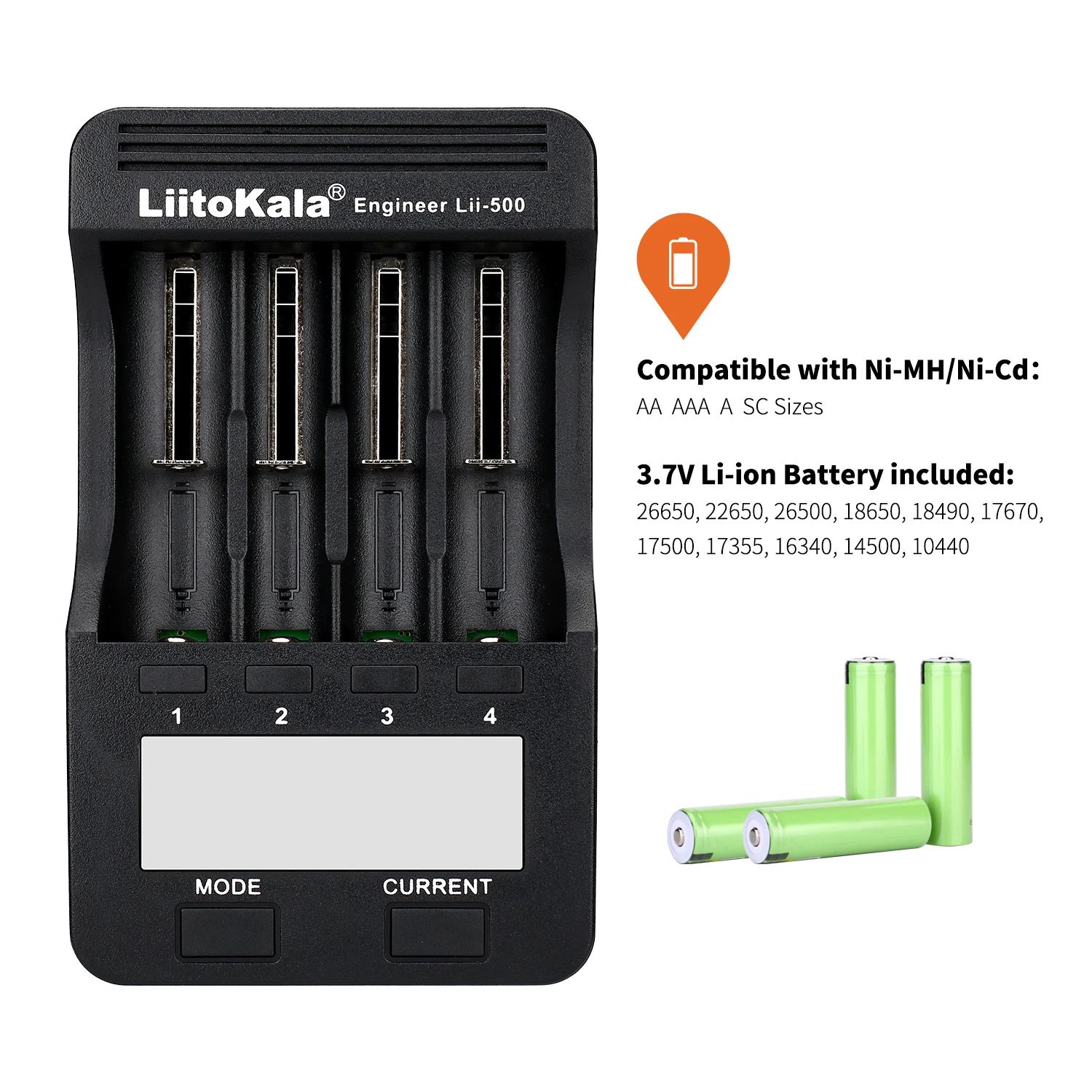 LiitoKala lii-500 LCD 3.7V/1.2V AA/AAA 18650/26650/16340/14500/10440/18500 Battery Charger with screen+12V2A adapter lii500 5V1A