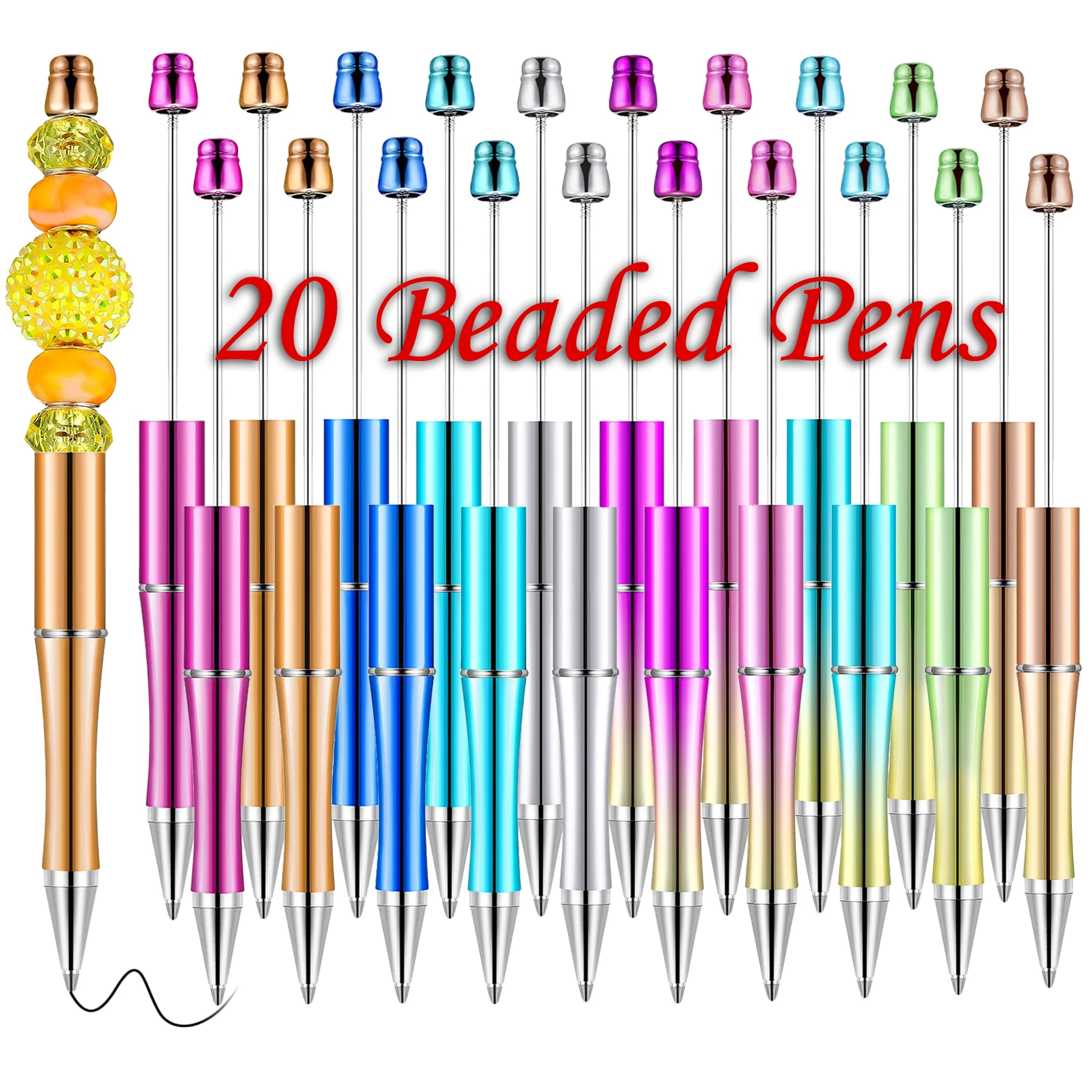 

20Pcs Gradient Bead Pens Plastic Beaded Ballpoint Pen Various Beaded Pen Black Ink Ballpoint Pen Student Office School Supplies