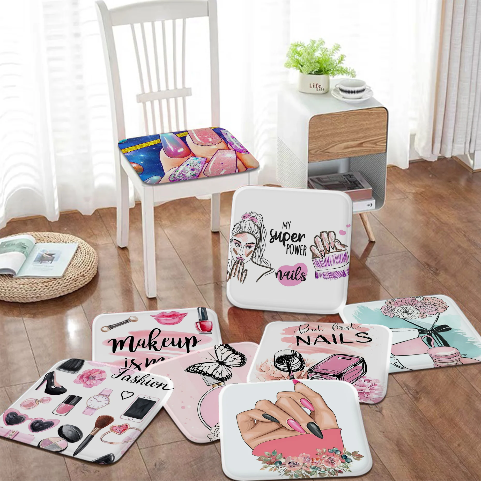 

Trendy Beauty Nail Salon Luxury Lipstick Cushion Mat Four Seasons Fabric Cushion Non-slip Living Room Sofa Decor Students