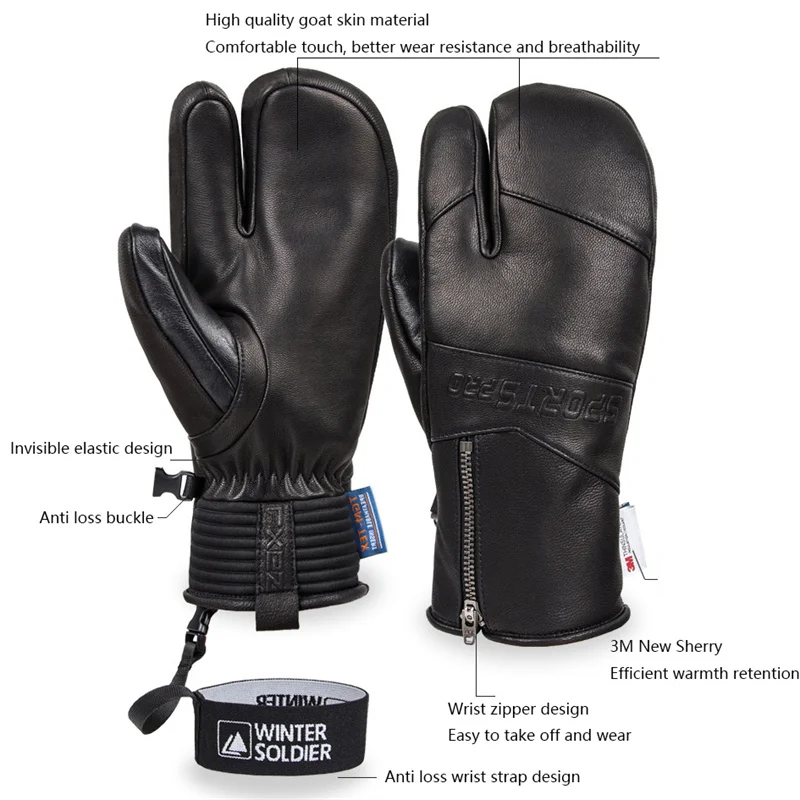 New Winter Ski Gloves Goatskin Leather Mittens Snowboard Gloves Waterproof Plus Velvet Warm Men's and Women's Cold-proof Gloves 2