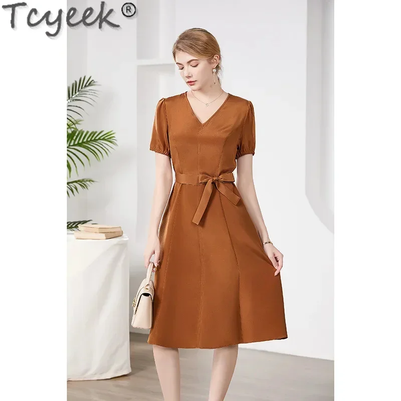 

100% Tcyeek Mulberry Silk Elegant Women's Dresses 2024 Solid Color Summer Clothes for Women Fashion Short Sleeve Dress