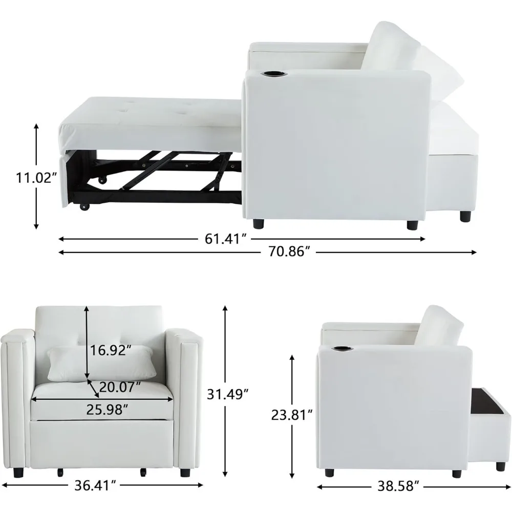 Convertible Chair Bed, 3-in-1 Multi-Functional Velvet Sleeper Sofa Pull-Out with Hidden Side Table (White) Children's Sofas 3