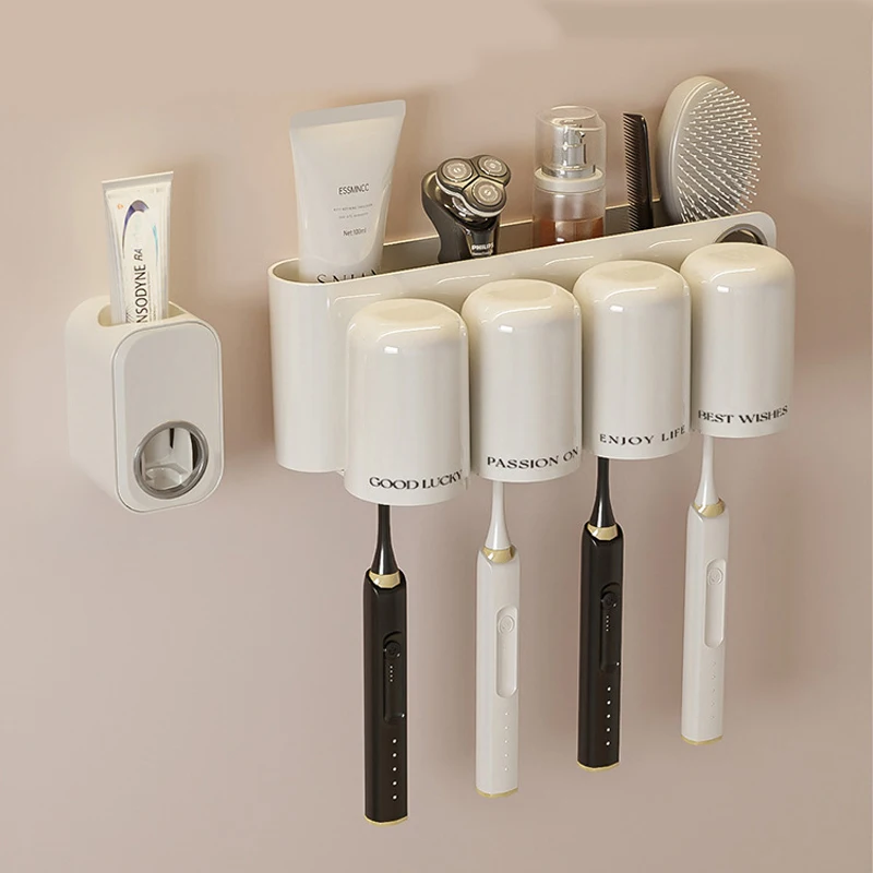 1/2PCS Wall Mounted Toothbrush Holder No Punching Toothpaste Storage Rack Transparent Mouthwash Cup Toothbrush Bathroom Set 3