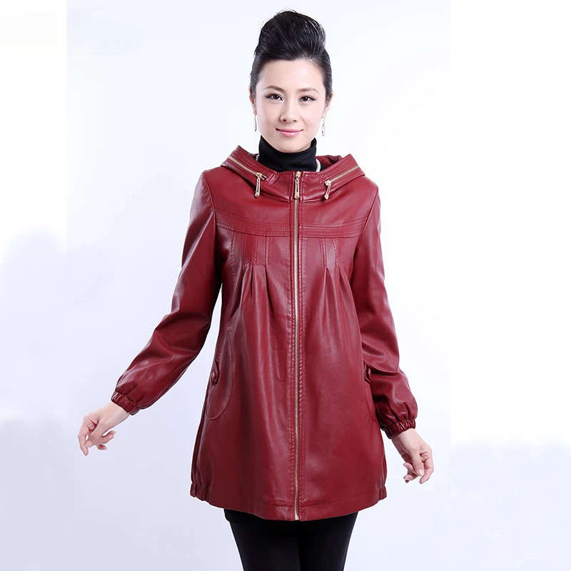 

XL-6XL Long Leather Jacket Women Winter and Autumn 2024 Leather Clothing with A Hood for Women Winter Leather Coat Black
