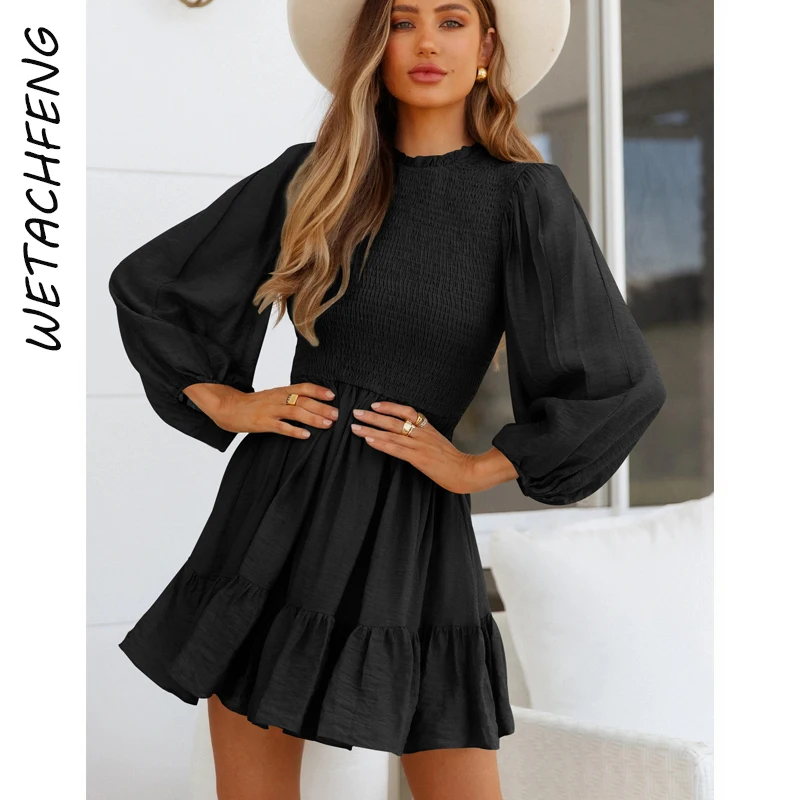 

Boho Beach Black Elegant Ruffles Lantern Sleeve Folds Dresses Women 2022 Fashion France Mini Party Holiday Vestidos Female Robe