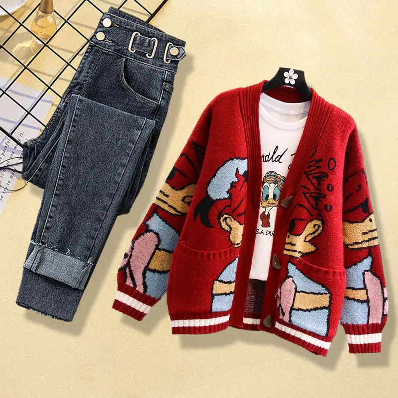 Large Size Women's Autumn Set 2024 New Knitted Cardigan Sweater Jacket High Waisted Jeans Two-piece Set