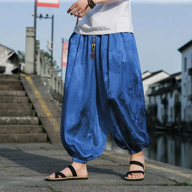 Summer Fashion Printing Casual Elastic Waist Lantern Pants Man Vintage Harajuku Loose Pockets Patchwork Ice Silk Fabric Trousers