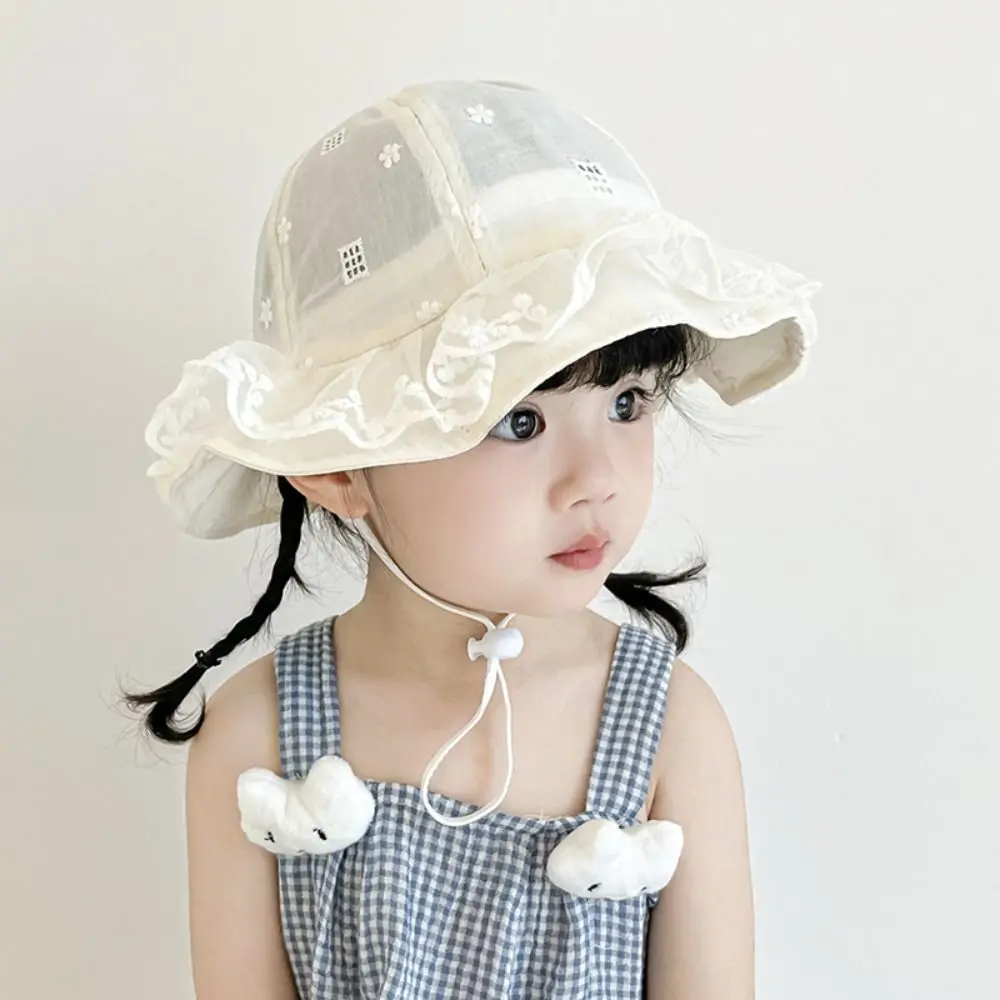 Fashion Sweet White Lace Bucket Hat Princess Sunscreen Toddler Sun Hat with Rope Ruffle Baby Fishermen Hat Beach