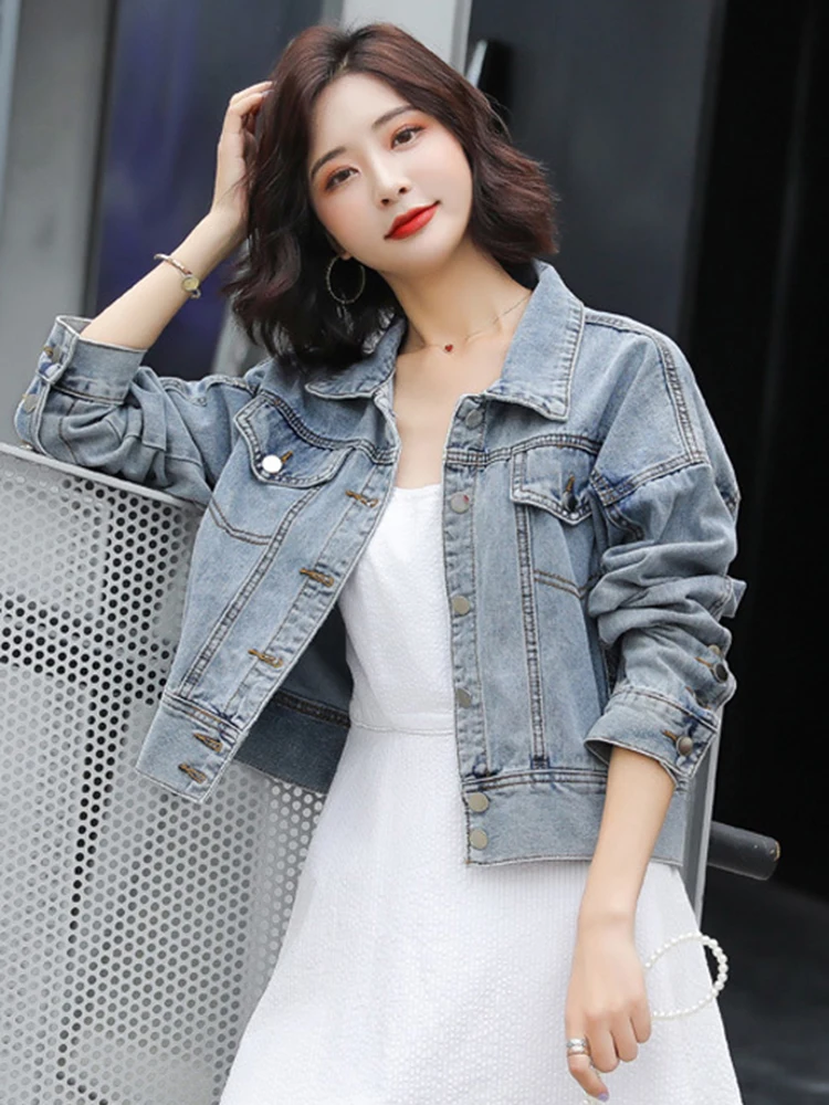 

Denim Jacket Women Jean Coat 2023 Autumn Winter Basic Turn-down Collar Casual Cropped Jacket Chic Single Breasted Classic Coat